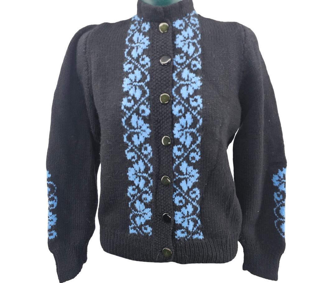 Vintage Wool Knit Cardigan Sweater Black Blue Floral Aran Grannycore M *READ*